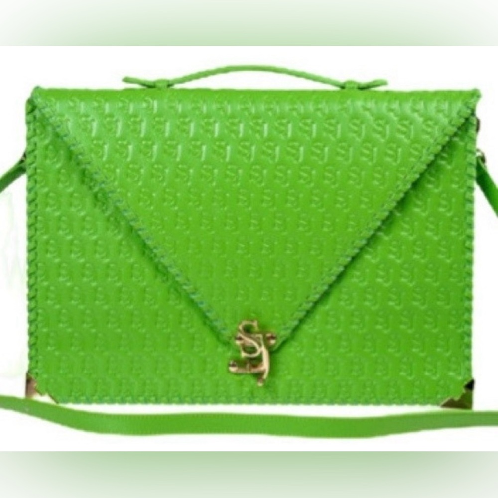 💚SASSY JONES Neo Green Laptop Case/oversized Envelope Clutch- Embossed Leather 💚